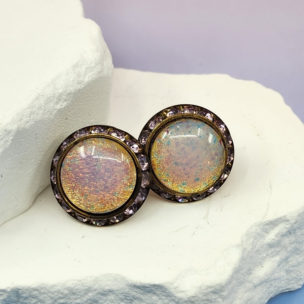 Gold Tone Iridescent Cabochon Lavender Rhinestone Screw Back Earrings Vintage